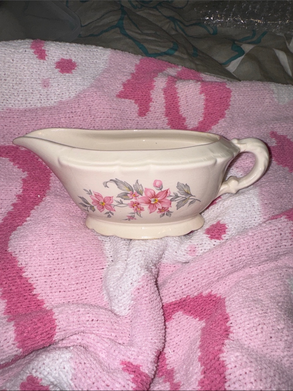 Ivory Floral Ceramic Gravy Boat with Pink Flower Decal